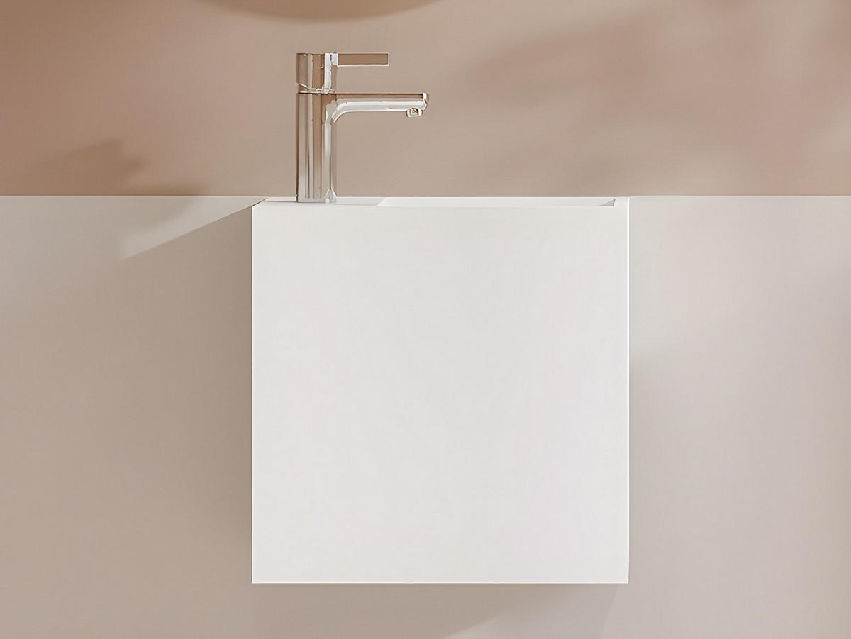 HANDWASCHBECKEN hängend mit Ablagefach - Solid Surface - Armaturen links - Weiß - 40 cm - PUMORI - Weiß, Stein (40/40/20cm) - Vente-Unique