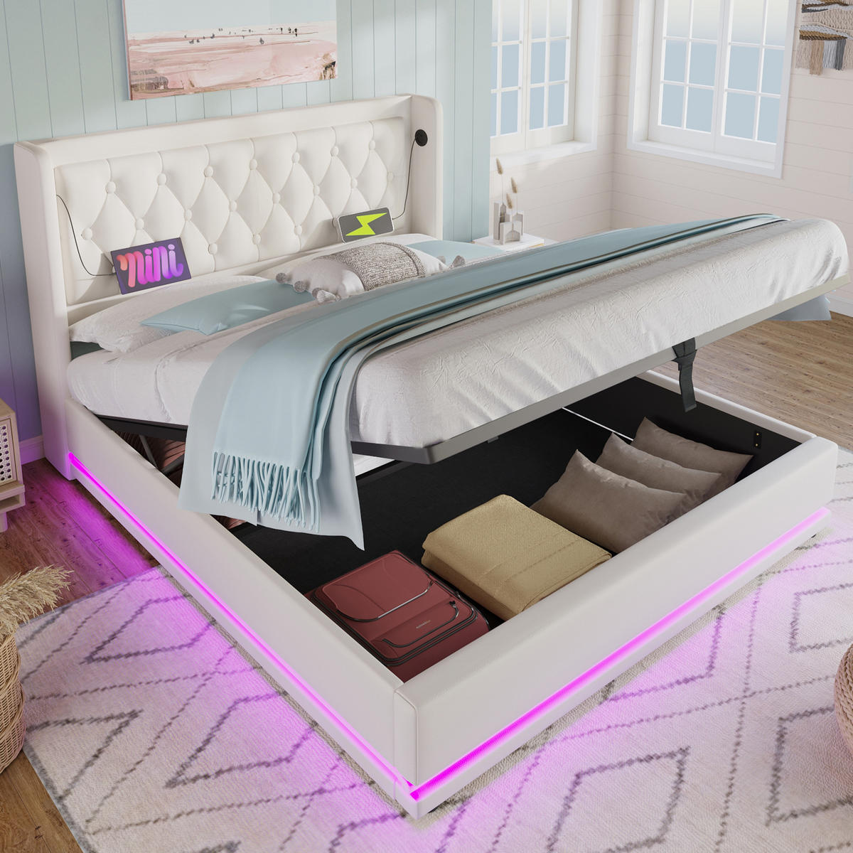 POLSTERBETT 180/200 cm mit hydraulischem Bettkasten, LED & USB/Typ-C, PU Weiß - Weiß, Kunststoff (180/200cm) - Redom