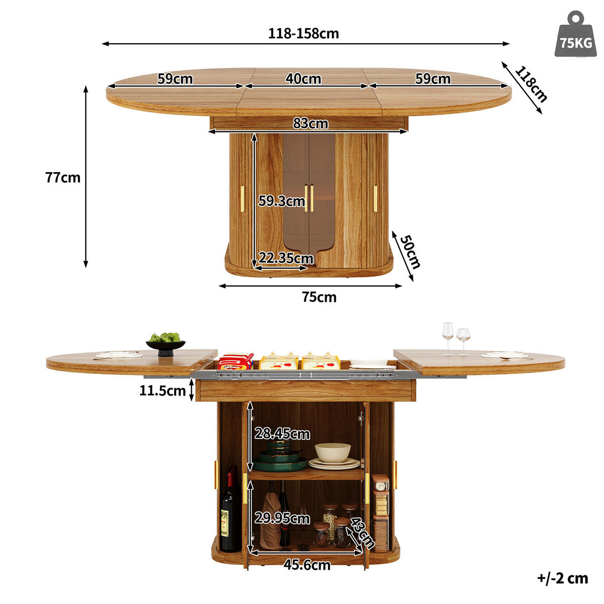AUSZIEHTISCH 118-158/118/77 cm Walnuss mit Stauraum und Glasfronten aus MDF - Braun, Holzwerkstoff (118/118/77cm) - OKWISH