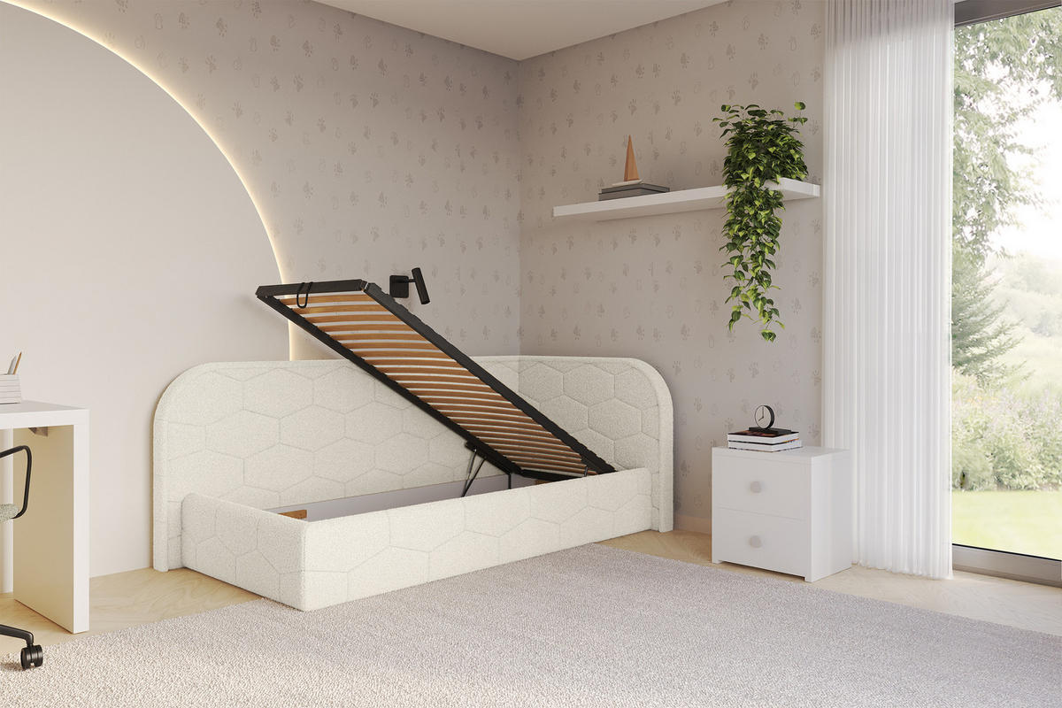 EINZELLBETT Jugendbett mit Bettkasten und Matratze H3/H4, Links - JAXY 90x200 Beige - Champagner, Holzwerkstoff/Textil (90/200cm) - ALTDECOR