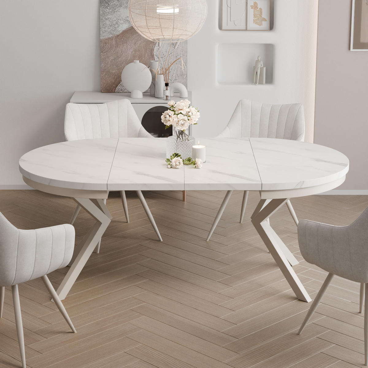AUSZIEHTISCH MILTON 120-196/76 cm mit Metallgestell, Kaschmir / Bianco Marmor - Kaschmir/Perlmutt, Holzwerkstoff/Metall (120/120/76cm) - Idohome