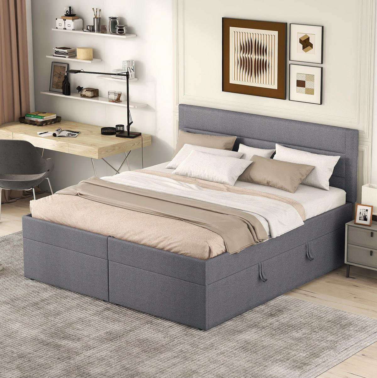 POLSTERBETT aus Leinen, Massivholz und MDF 140x200 cm Grau mit beidseitig öffnendem Bettkasten und Lattenrost - Grau, Holzwerkstoff (140/200cm) - Modfu