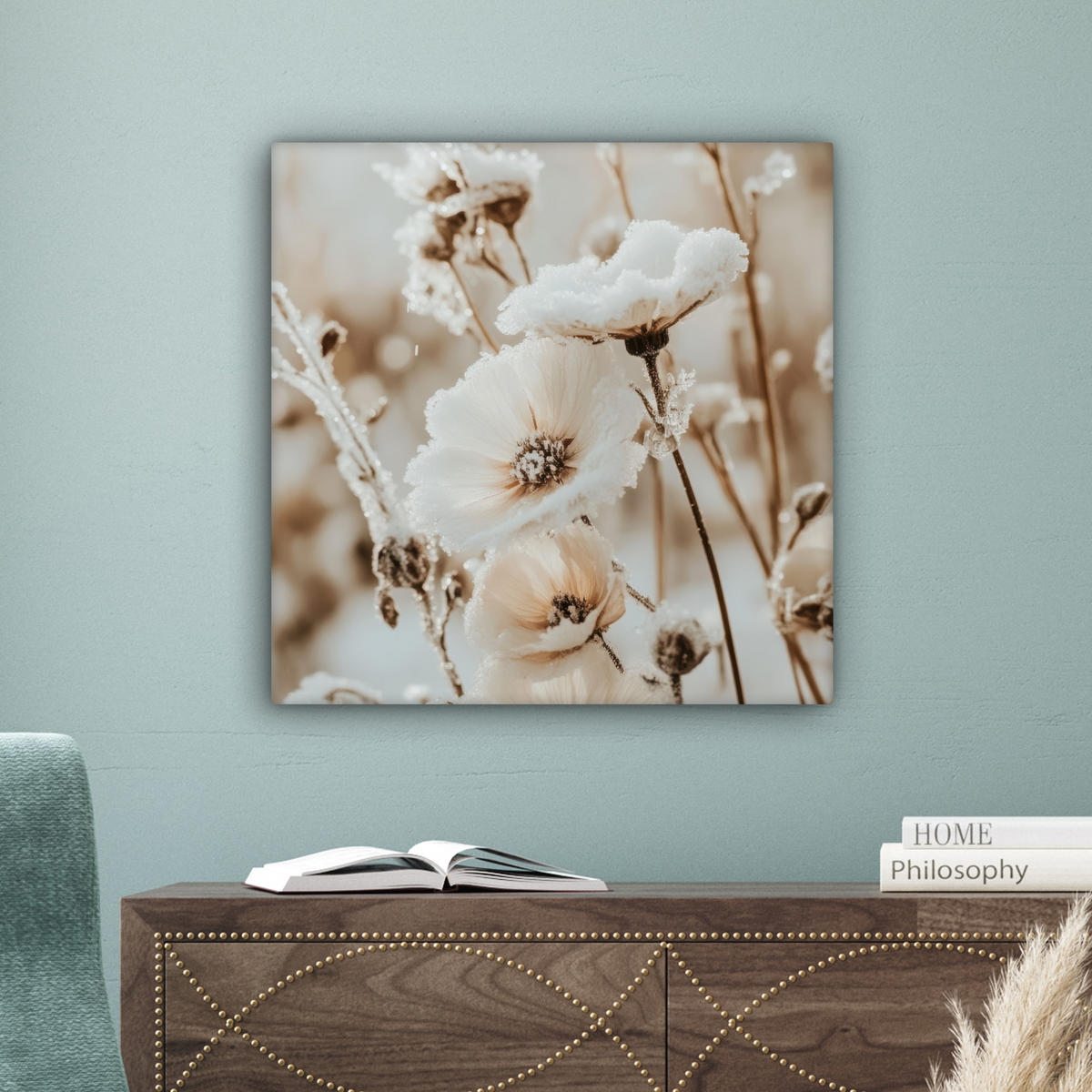 LEINWANDBILD Blumen - Winter - Weiß - Schnee - Beige 50x50 cm - Creme, Textil (50/50cm) - MuchoWow