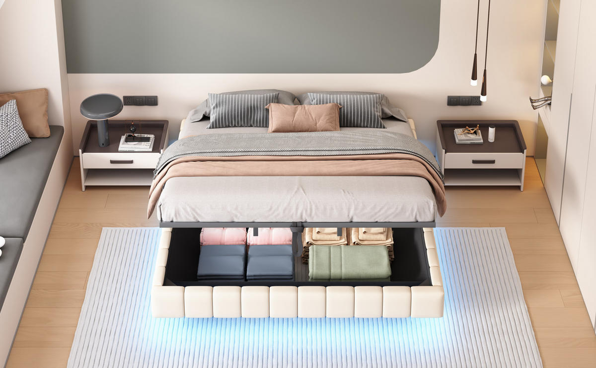 POLSTERBETT 180x200 cm LED Stauraum beige - Beige, Textil (180/200cm) - Fortuna Lai