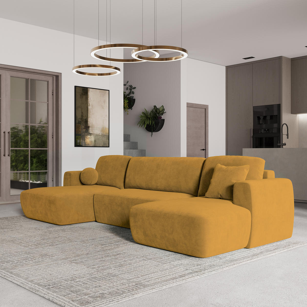 WOHNLANDSCHAFT SENTUM K Gelb Plüsch-Stoff mit Schlaffunktion - Gelb, Holz (330/90/148cm) - MASSENO