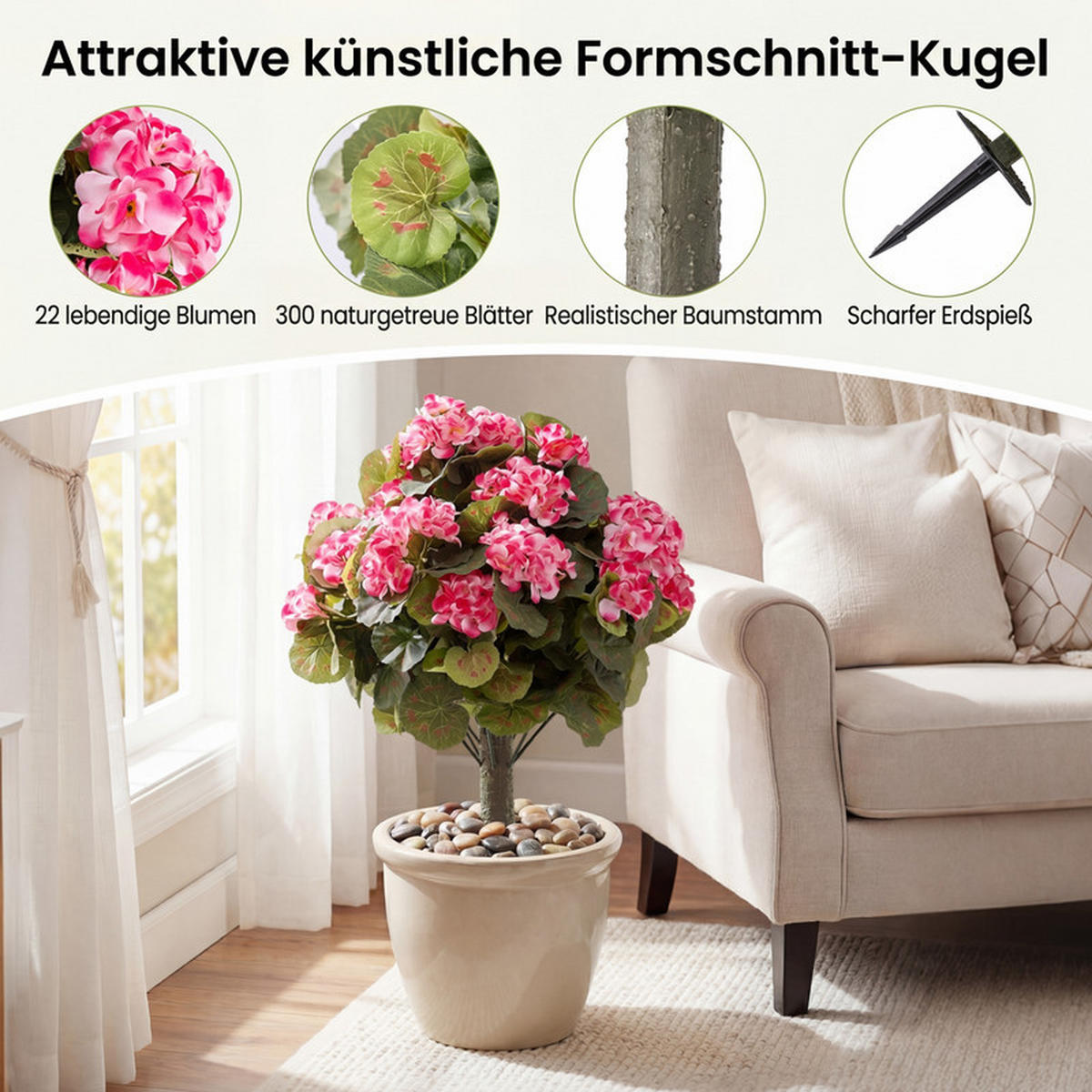 KÜNSTLICHE GERANIEN hochrealistisch rosa(2er-Set) - Pink, Kunststoff (57cm) - COSTWAY