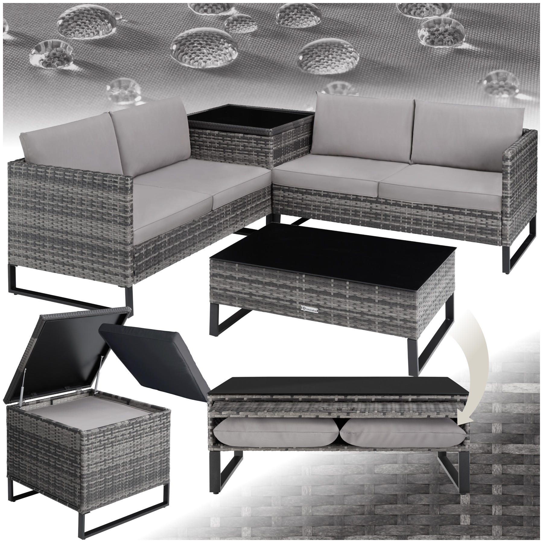 RATTANLOUNGE Ostuni,mit Sicherheitsglasplatte,grau - Grau, Kunststoff - tectake
