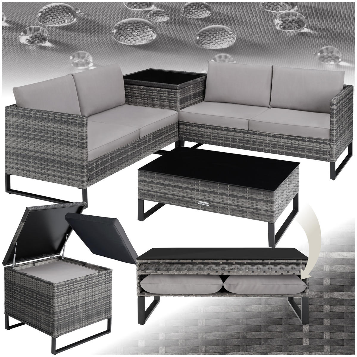 RATTANLOUNGE Ostuni,mit Sicherheitsglasplatte,grau - Grau, Kunststoff - tectake