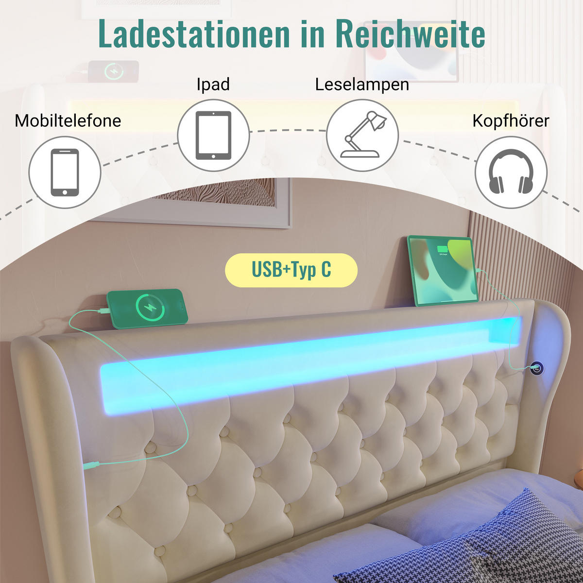 POLSTERBETT 160x200cm Doppelbett LED USB-C & Hydraulik Stauraum Beige Samt - Beige, Holz (160/200cm) - FLIEKS