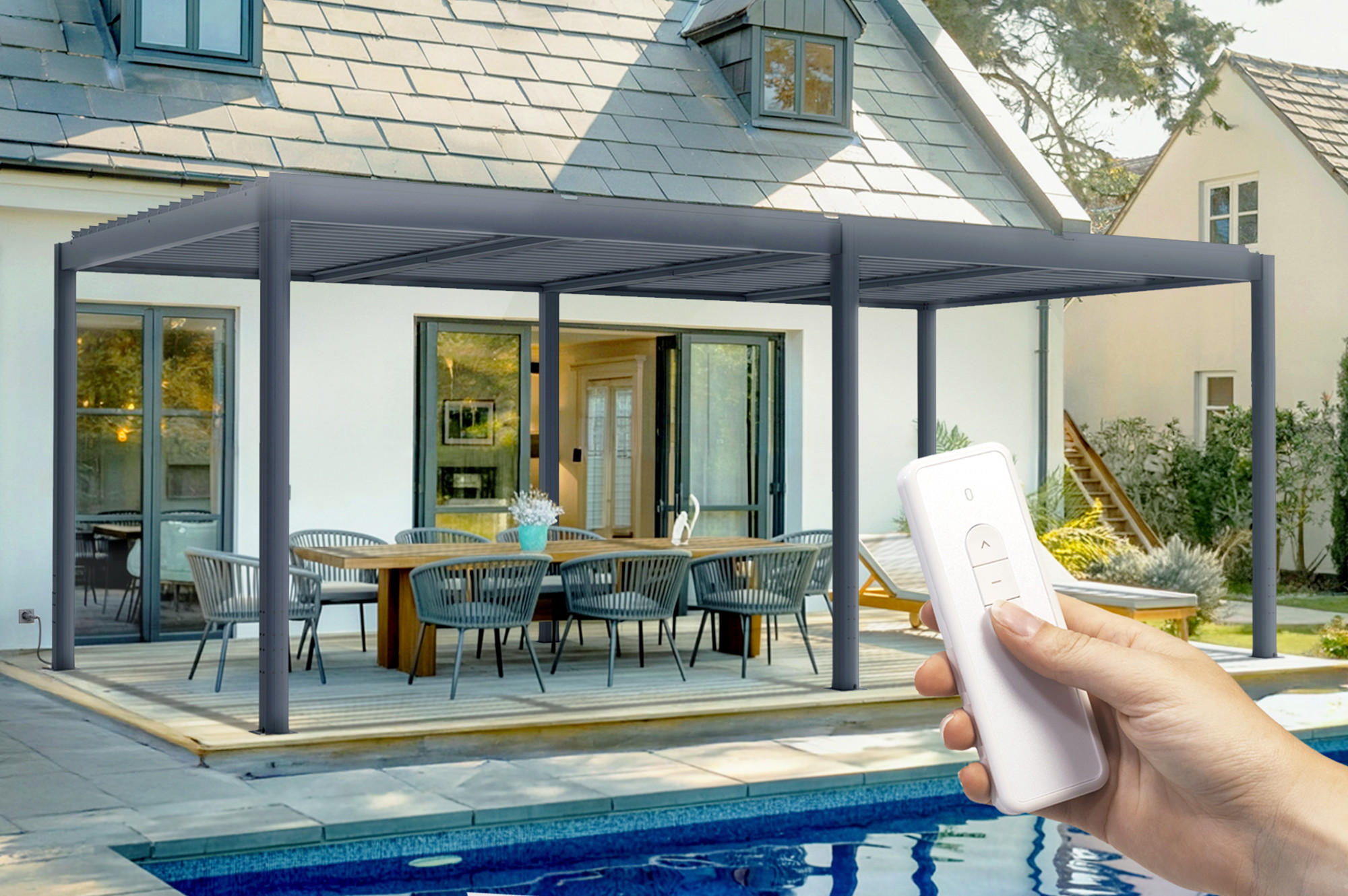 PERGOLA BIOCLIMATISCH MOTORISIERTE Santa graue 6m x 3m - Grau, Metall (304/220/304cm) - Cazeboo