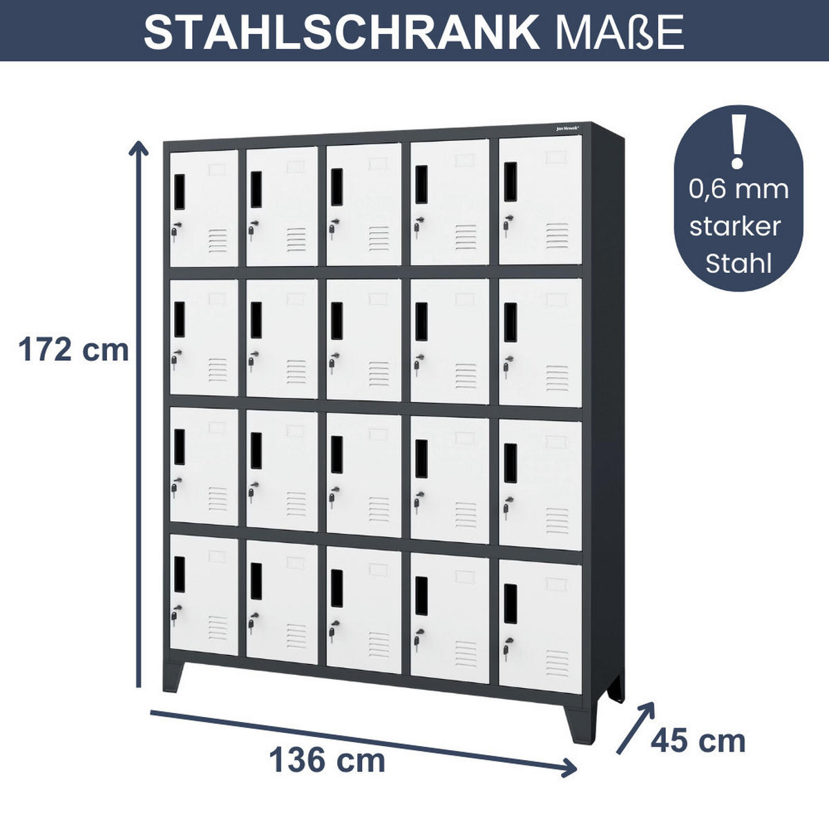 SCHLIESSFACHSCHRANK Spind TAMPA 20 Fächer172x136x45cm Anthrazit-Weiß - Anthrazit, Metall (136/172/45cm) - DELUKE