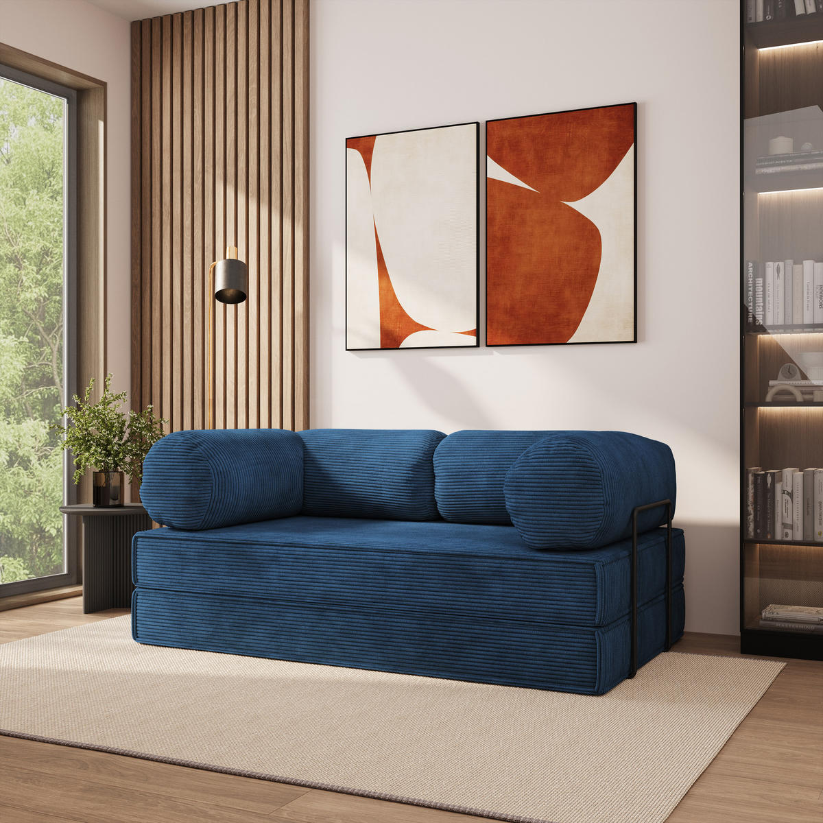 POHOVKA z pěny ALVIO s kovovým rámem Manšestrová látka Modrá - modrá, textil (170/68/80cm) - MASSENO