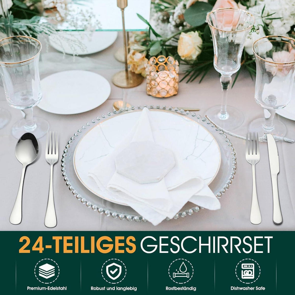 BESTECKSET 24-teilig Edelstahl für 4 Personen mit Steakmessern - Silberfarben, Metall