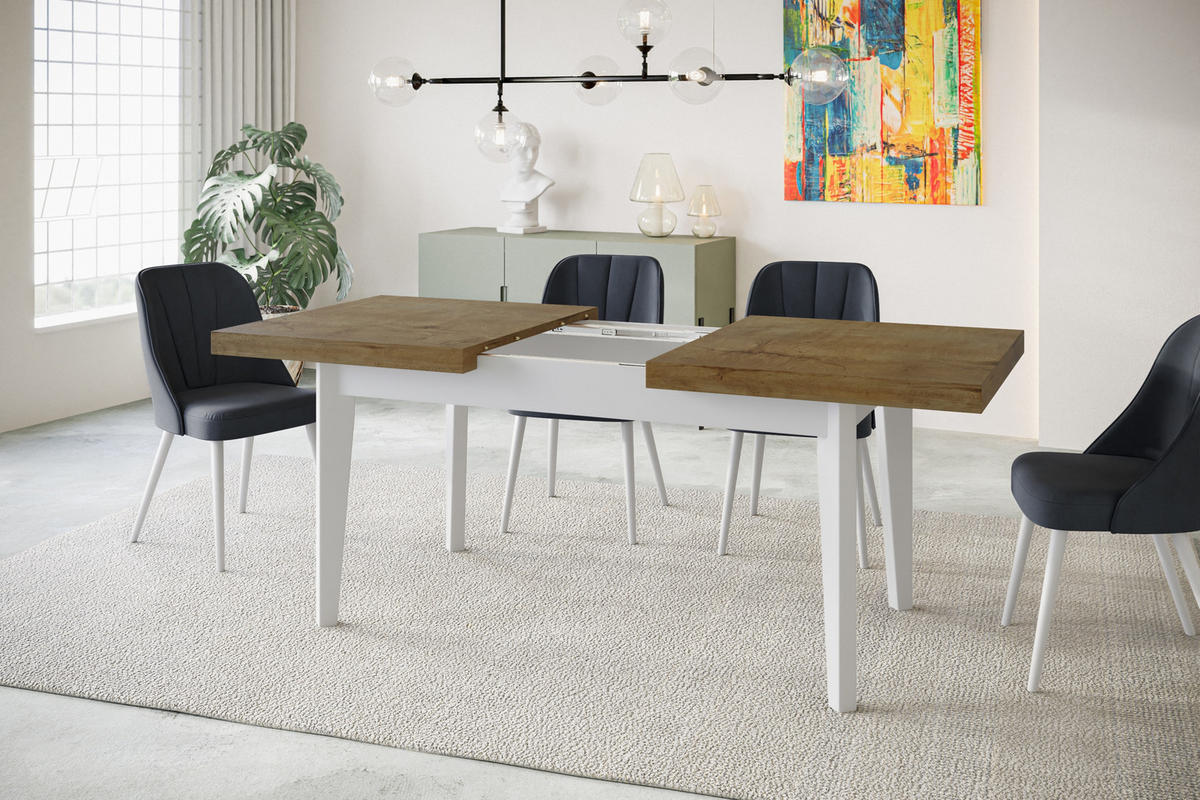 ESSZIMMERTISCH SKANDI, ausziehbarer Tisch: 120-160X80X78 cm, Farbe: LEFKAS, mit Holzbeinen in Farbe Weiß - Dunkelbraun/Weiß, Holzwerkstoff (120/80/78cm) - Alpi-Möbel