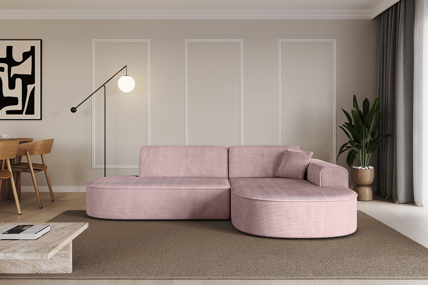 ECKSOFA Ottomane Rechts MARI-L1 - 232x163x73,5 cm Rosa Cord - Schwarz/Rosa, Holzwerkstoff/Kunststoff (234/163cm) - ALTDECOR