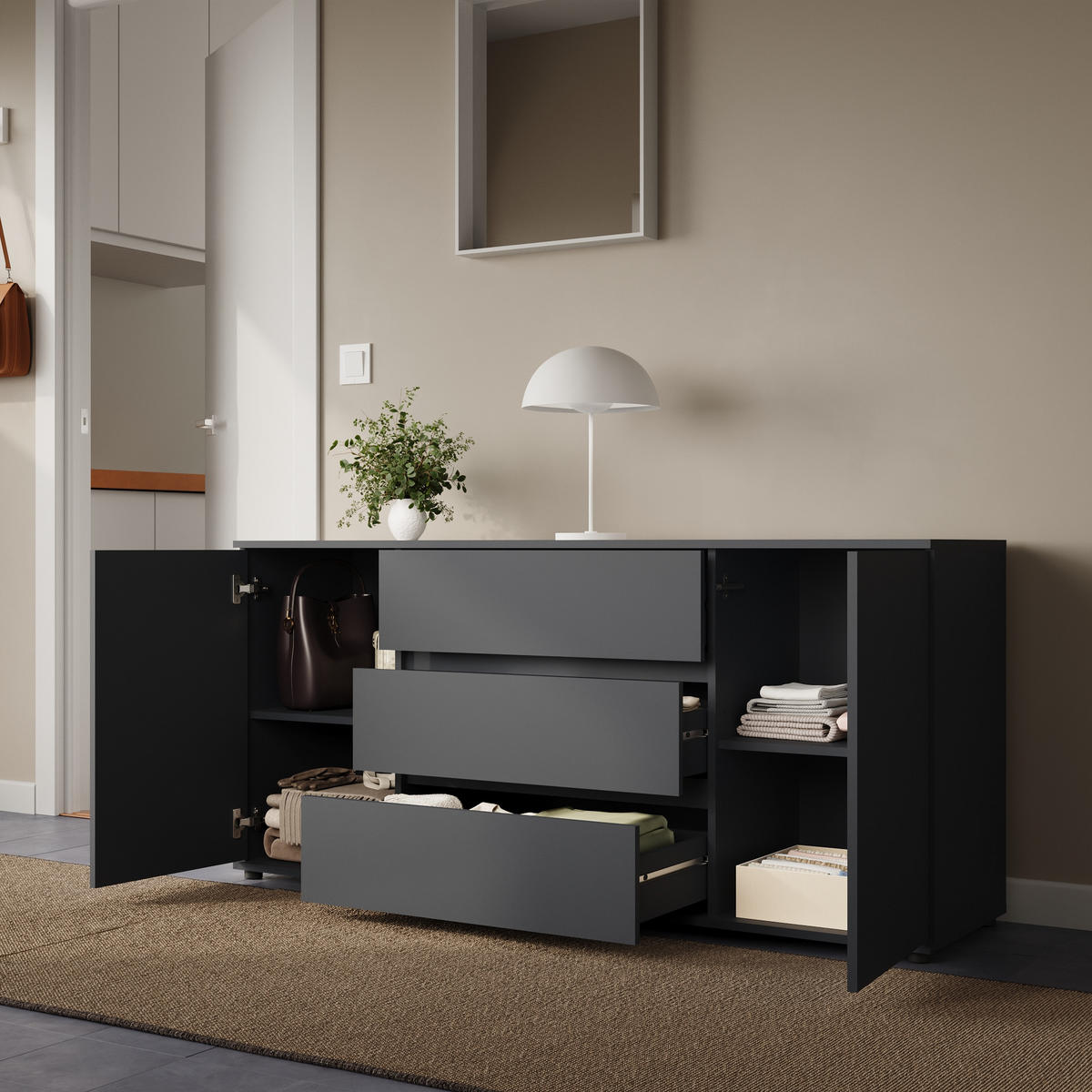 KOMMODE 150 cm Breite mit zwei Türen und drei Schubladen Anthrazit - Anthrazit, Holzwerkstoff (150/70/40cm) - Home Collective