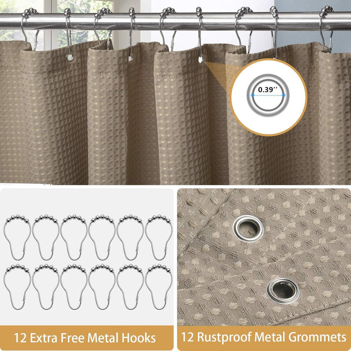 DUSCHVORHANG Khaki Waffelstruktur mit Ringen schimmelresistent - Braun, Textil (200/0.5cm) - MCBOSON