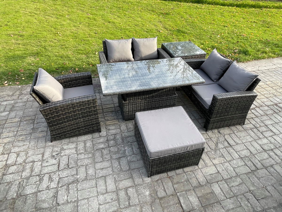 GARTENMÖBEL SET mit höhenverstellbarer Tisch Polyrattan Dunkelgrau 6-Sitzer - Dunkelgrau, Metall - Fimous