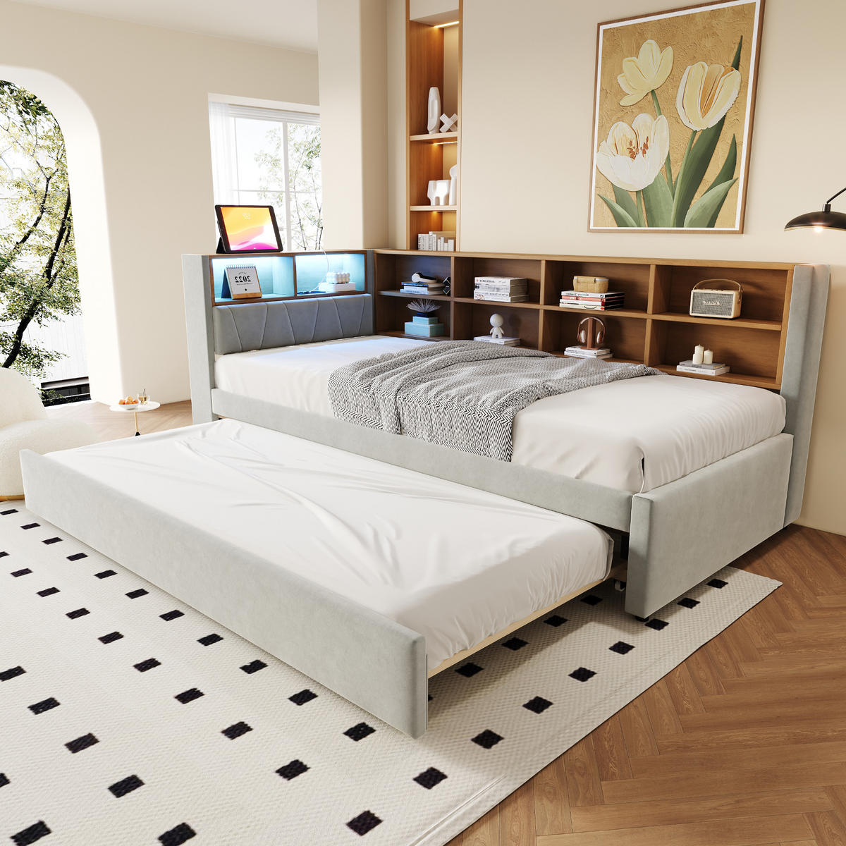 AUSZIEHBETT 90/200 cm DE-02095, in Hellgrau, mit LED, Steckdosen und Staufächern - Hellgrau, Metall (90/200cm) - ComfortXL
