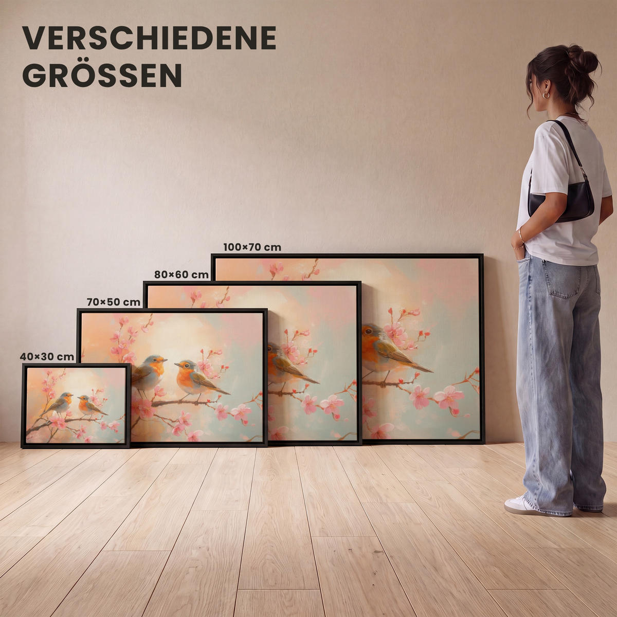 LEINWAND Bilder mit Rahmen - Rotkehlchen - Zierpflanze - Blütenzweig - 100x70 - Hellrosa, Textil (100/70cm) - MuchoWow