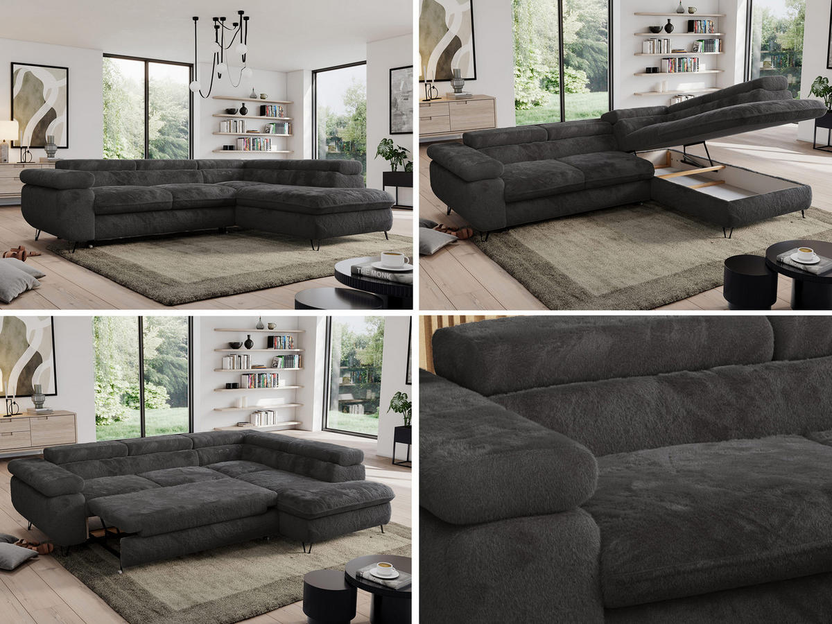 ECKSOFA PEDRO L Anthrazit Plüsch - Rechts Seite - Anthrazit/Schwarz, Textil/Metall (273/208cm) - MKS