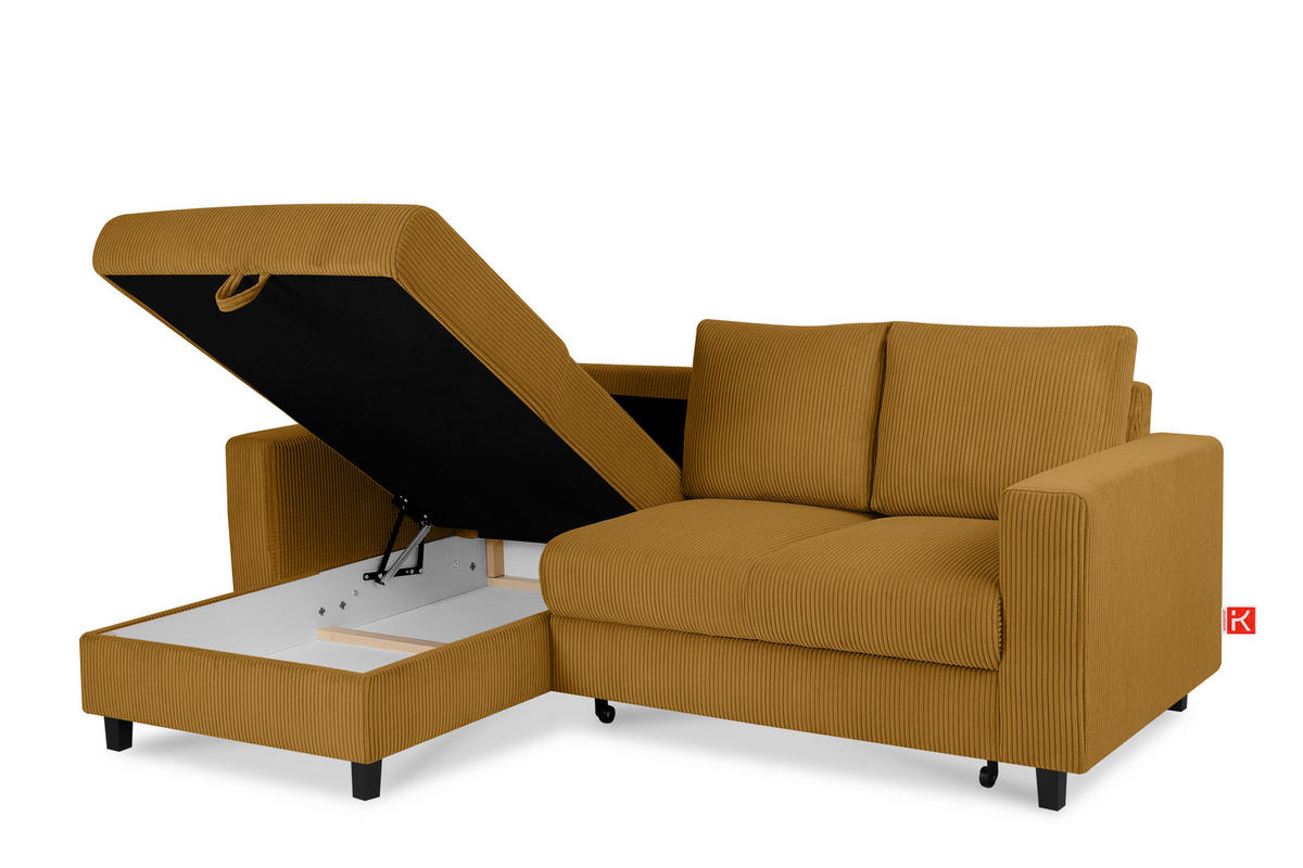 ECKSCHLAFSOFA EGRET Links mit Bettkasten, Cord-Stoff, gelb - Gelb, Textil (234/90cm) - KONSIMO®