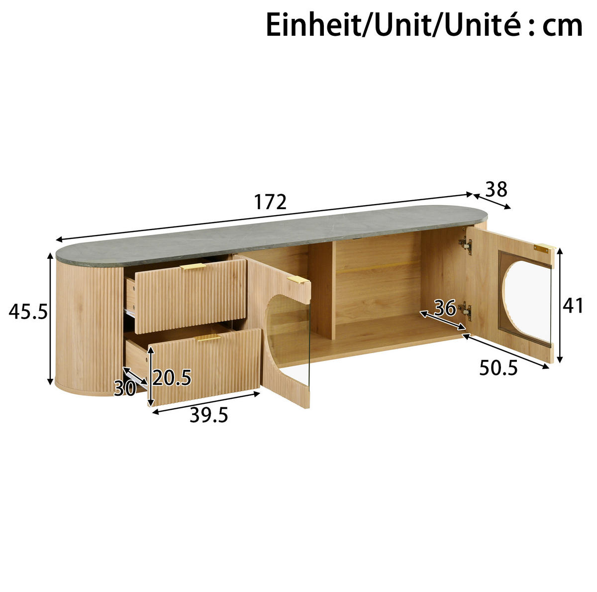 TV skříňka 172/38/45,5 cm přírodní MDF se skleněnou vitrinou - světle hnědá, kompozitní dřevo (172/45.5/38cm) - BEAOK