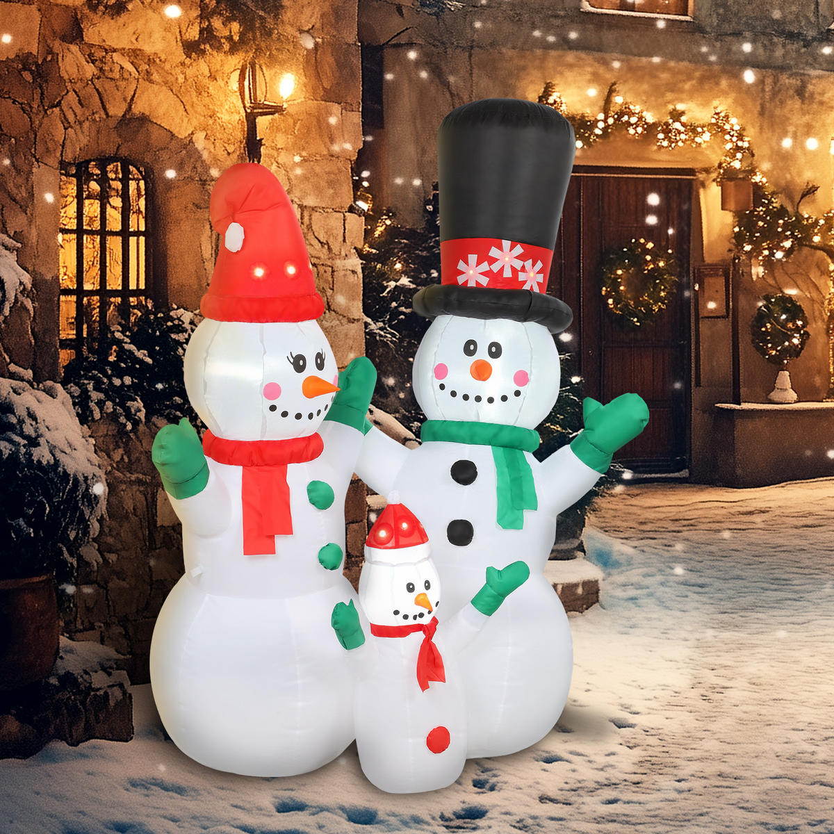 AUFBLASBAR Schneemann Familie, 1,8 m Weihnachtsdeko mit LED-Beleuchtung - Weiß, Textil (80/180/165cm) - Outsunny