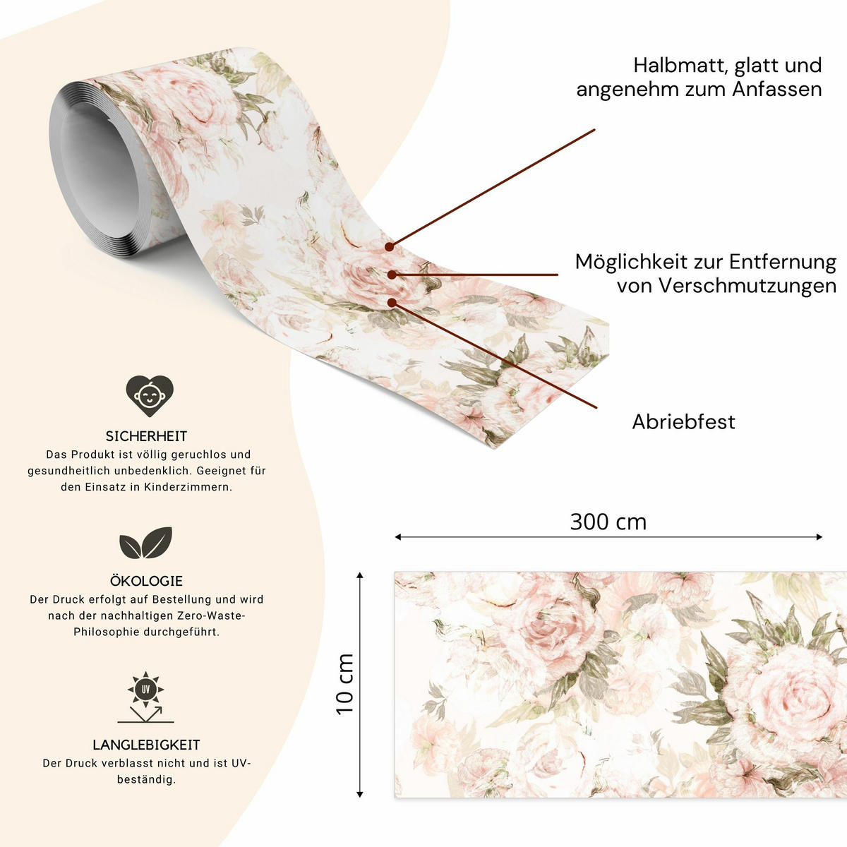 TAPETENBORDÜRE Selbstklebend Pastell Pfingstrosen BLUMEN Natur - Beige/Weiß, Papier (10/300/300cm) - Muralo