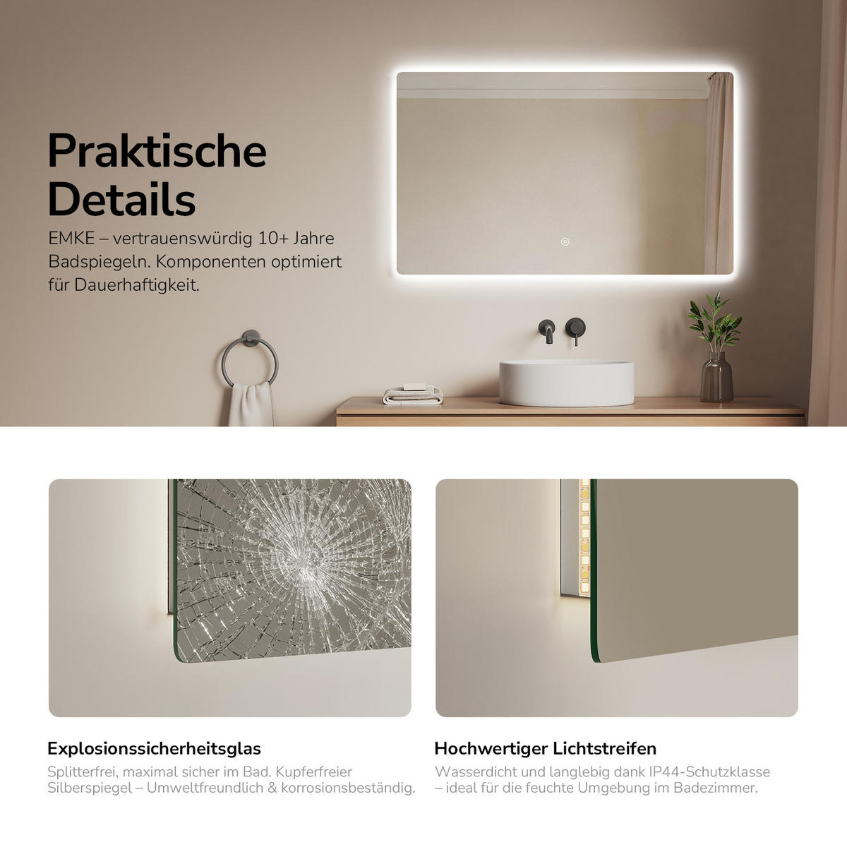 BADSPIEGEL mit Touch-Schalter Beleuchtung Rechteckig 100/60 cm - Weiß, Glas (60/3/100cm) - EMKE