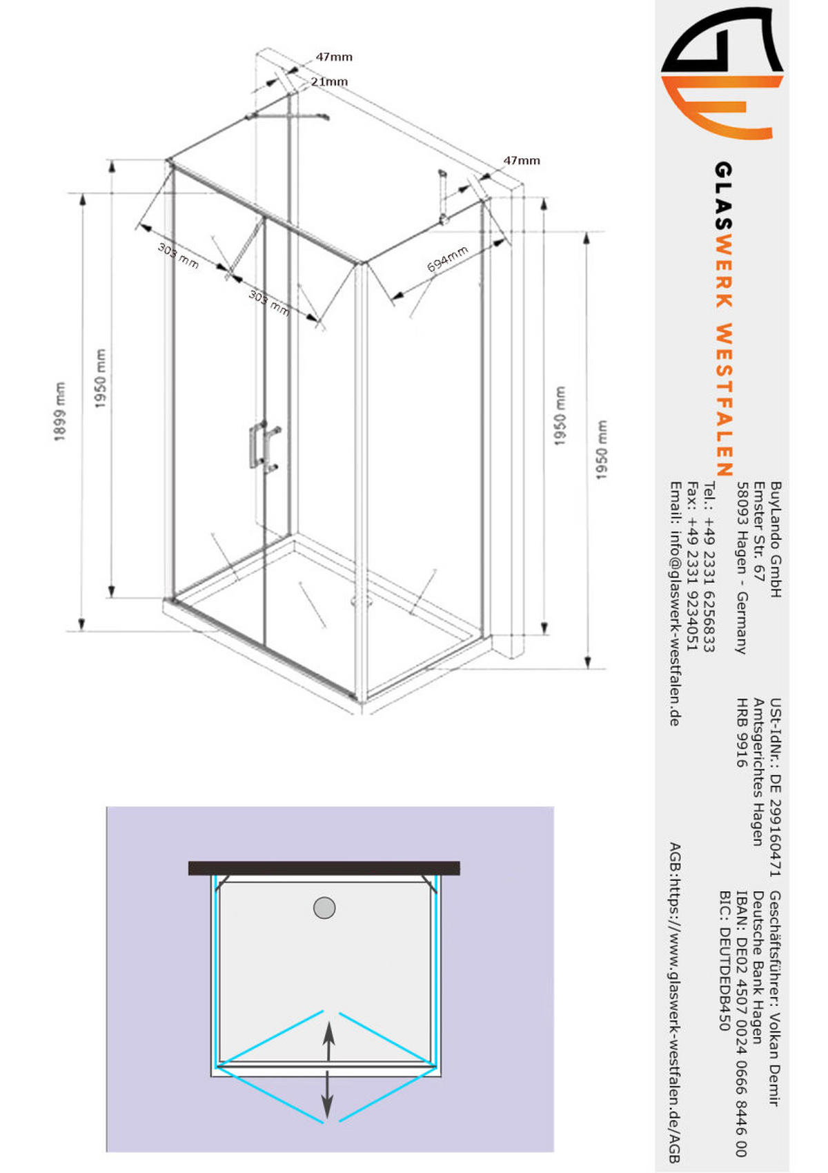 DUSCHKABINE Nora 80x80x80 cm H:195 cm U-Form - Silberfarben, Glas (80/80/195cm) -  Glaswerk Westfalen