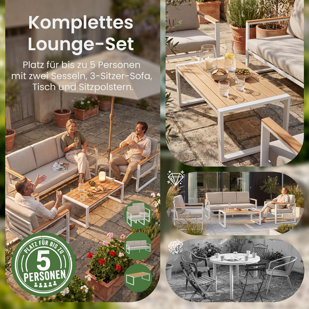 GARTENSITZGRUPPE Stoff Weiß (4-teilig) - Weiß, Textil - CLP