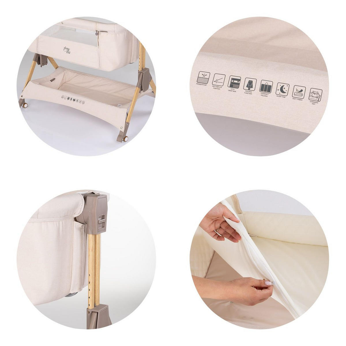 BEISTELLBETT Sleep´n Fold creme 98 x 66 cm, Schwingfunktion, Wickelauflage, Anti-Reflux, Moskitonetz - Beige, Metall (48/81cm) - Chipolino
