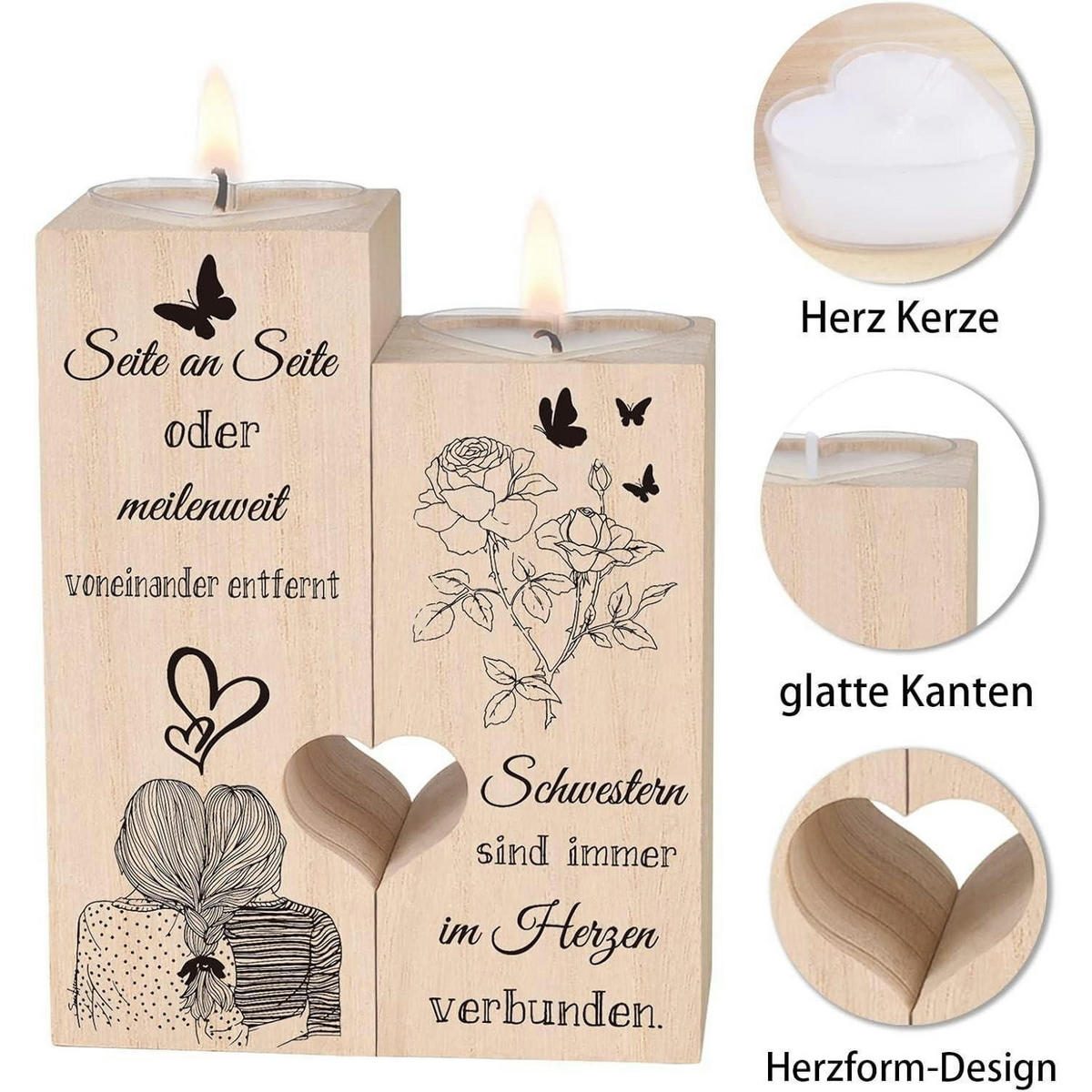 KERZENHALTER Herzform Holz 12 x 10 x 4.5 cm - Creme, Holz (12cm)