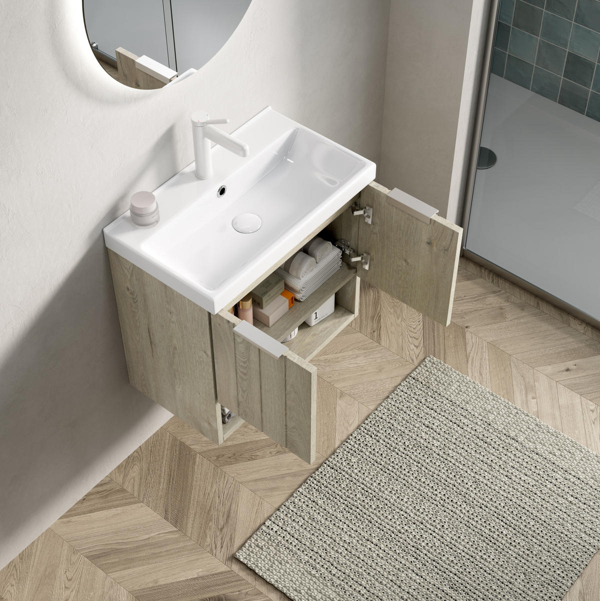 KOMPAKTE Waschtischkombi 55 cm in Eiche/Weiß mit Soft-Close und offenem Fach - Creme, Keramik (55/53/32cm) - BEAOK