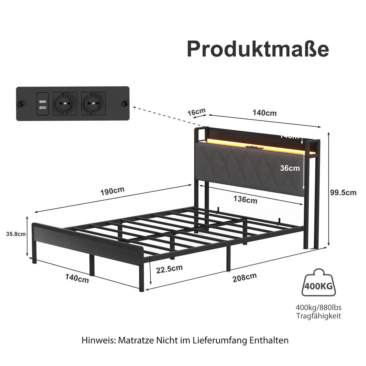 POLSTERBETT 140/190 cm mit LED und Ladestation, DE-41903, in Schwarz - Schwarz, Metall (140/190cm) - ComfortXL
