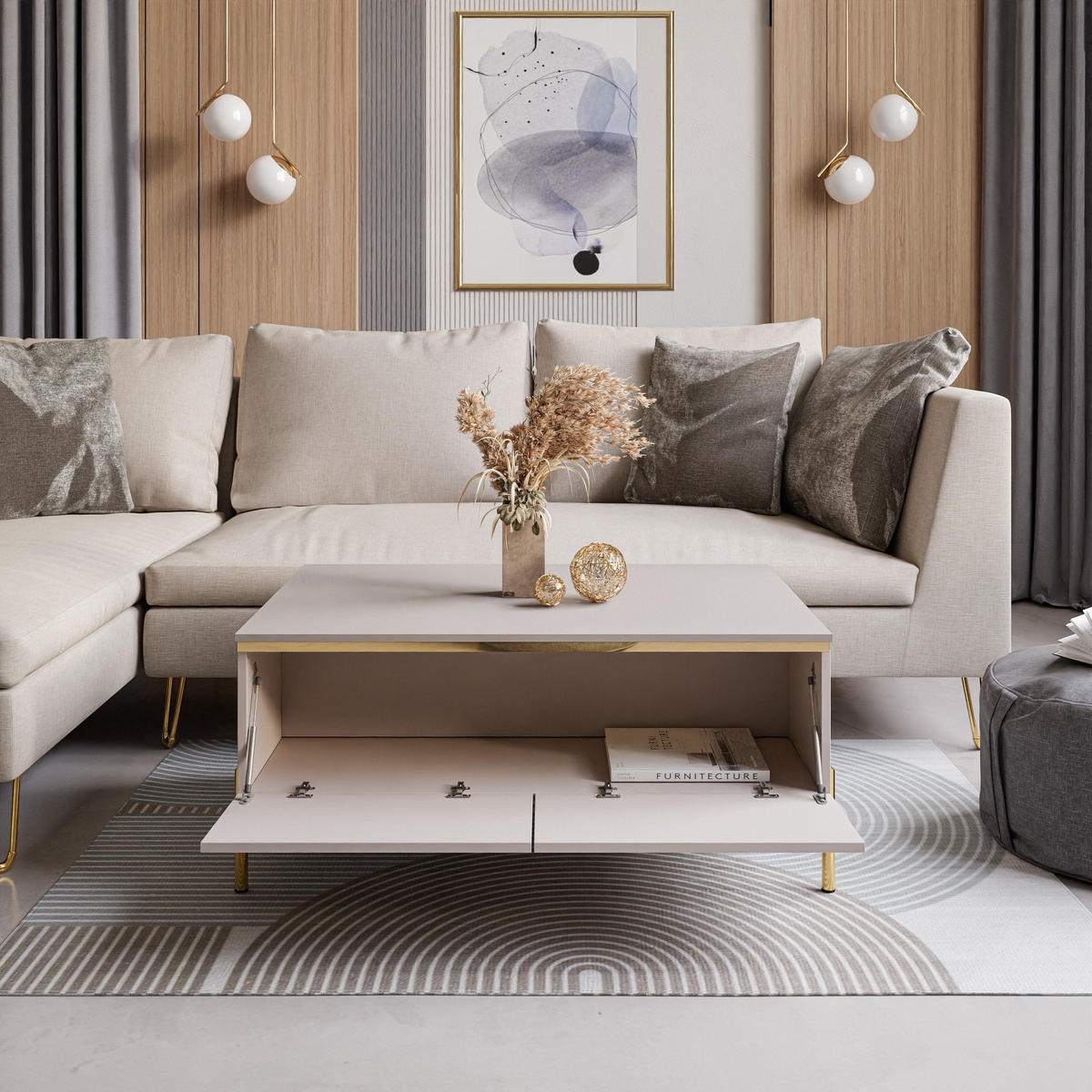 COUCHTISCH AURORA mit Staufach Kaschmir mit gerade Goldchrom Fuße - Kaschmir/Goldfarben, Holzwerkstoff/Metall (60/90/40cm) - Lookway