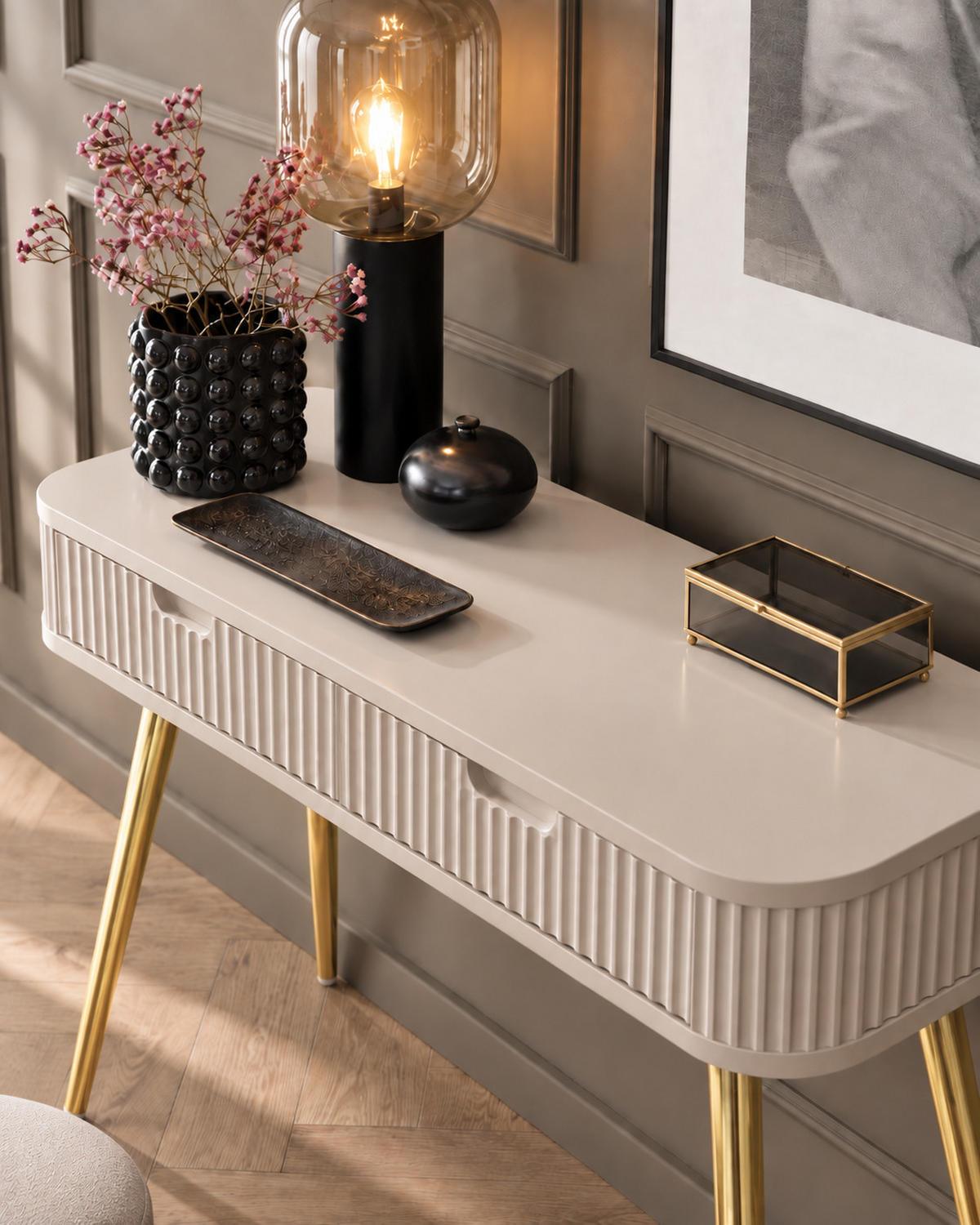 KONSOLENTISCH PORTO (Oval, Rillenfront, Cashmere Matt, Goldene Füße) - Kaschmir/Goldfarben, Holz/Holzwerkstoff (49/103/80cm) - Ravio