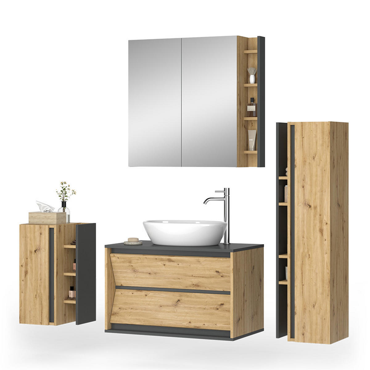 BADMÖBEL-SET Edelin, Anthrazit/Artisan-Eiche, 4-teilig - Anthrazit/Eiche Artisan, Holzwerkstoff (80/50/45cm) - Vicco