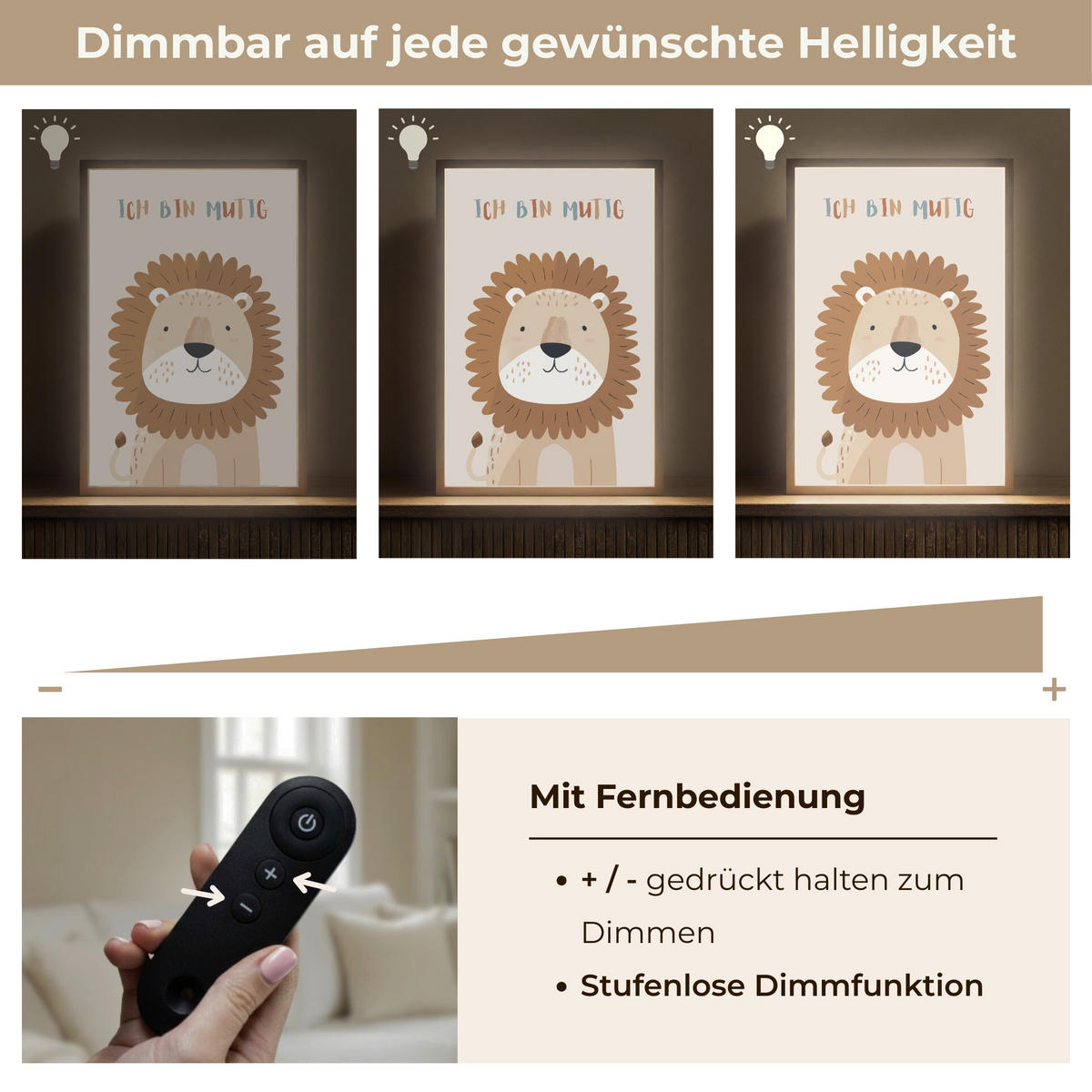 WANDLEUCHTE MIT AKKU Löwe - Beige - Tier - Mutig - Zitat 40x60 cm - Beige, Holzwerkstoff (40/60/8cm) - OnlyWow