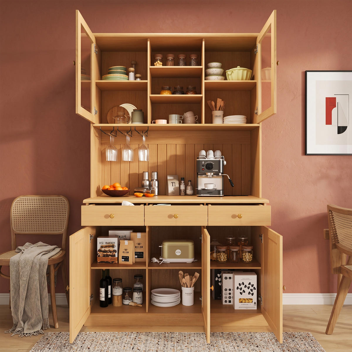 BUFFETSCHRANK DE-38594 120/40/191 cm Glastüren und integrierte Steckdose Natur - Naturfarben, Holzwerkstoff (120/191/40cm) - ComfortXL