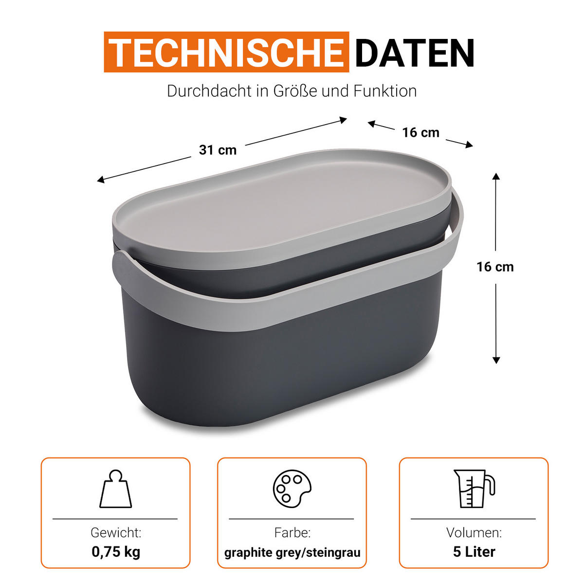 BIOMÜLLEIMER 5 L, graphite grey / steingrau - Grau, Kunststoff (16/16/31cm) - GARANTIA