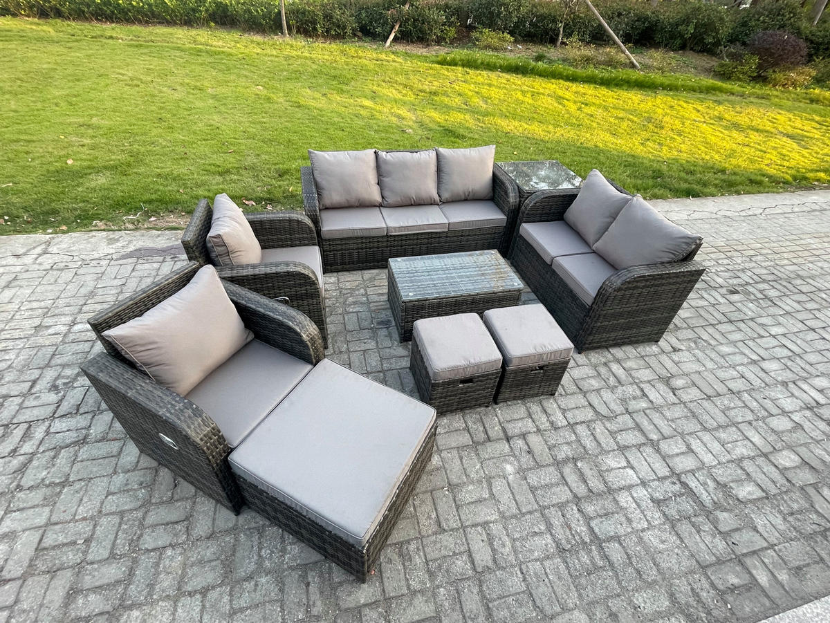 GARTENMÖBELSET mit Couchtisch Polyrattan 10-Sitzer - Dunkelgrau/Grau, Glas/Kunststoff - Fimous