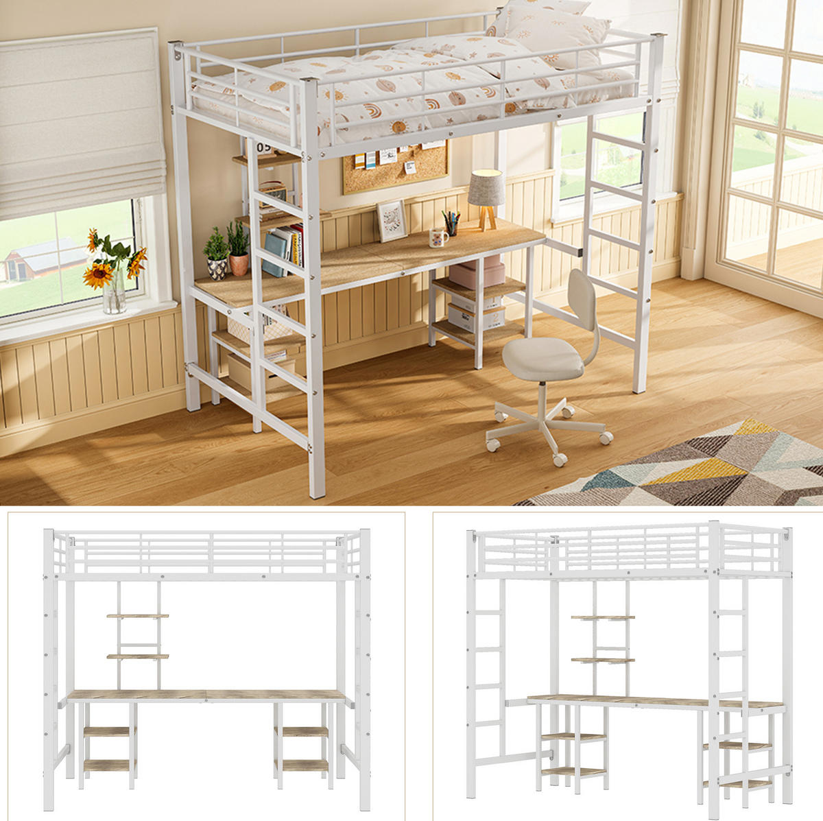 ETAGENBETT 90/200 cm in Weiß mit Schreibtisch und Regalen - Weiß, Holzwerkstoff (90/200cm) - OKMYHOME