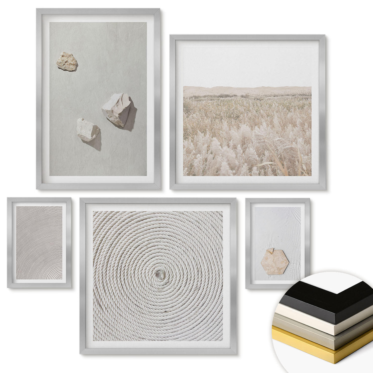 WANDBILDER 5er Set - 50x50 cm & 20x30 cm & 40x60 cm Silberner Rahmen - Leichte Boho-Sandtexturen - Silberfarben, Kunststoff (40/60cm) - ArtPrintCave