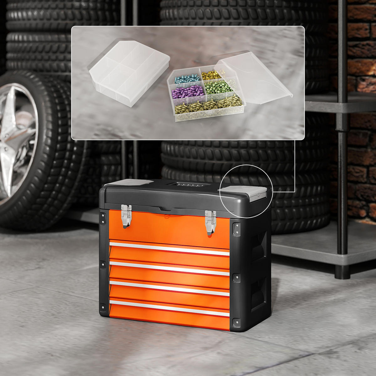 WERKZEUGKISTE leer, 49,7 x 25,3 x 40,7 cm Werkzeugkasten mit 4 Schubladen - Orange, Metall (25.3/40.7/49.7cm) - HOMCOM