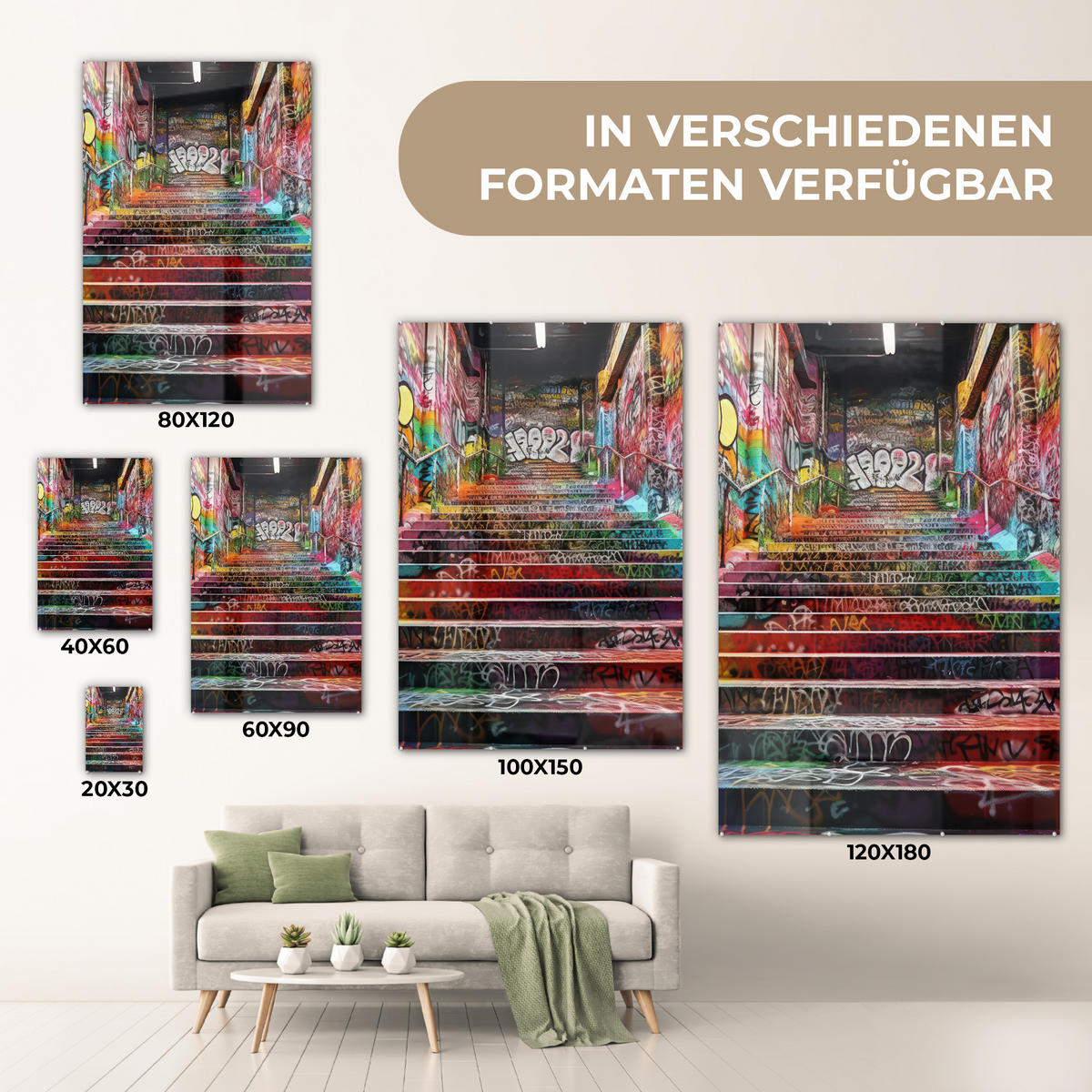 ACRYLGLASBILD Treppe - Graffiti - Farben - Kunst 40x60 cm - Multicolor, Glas (40/60cm) - MuchoWow