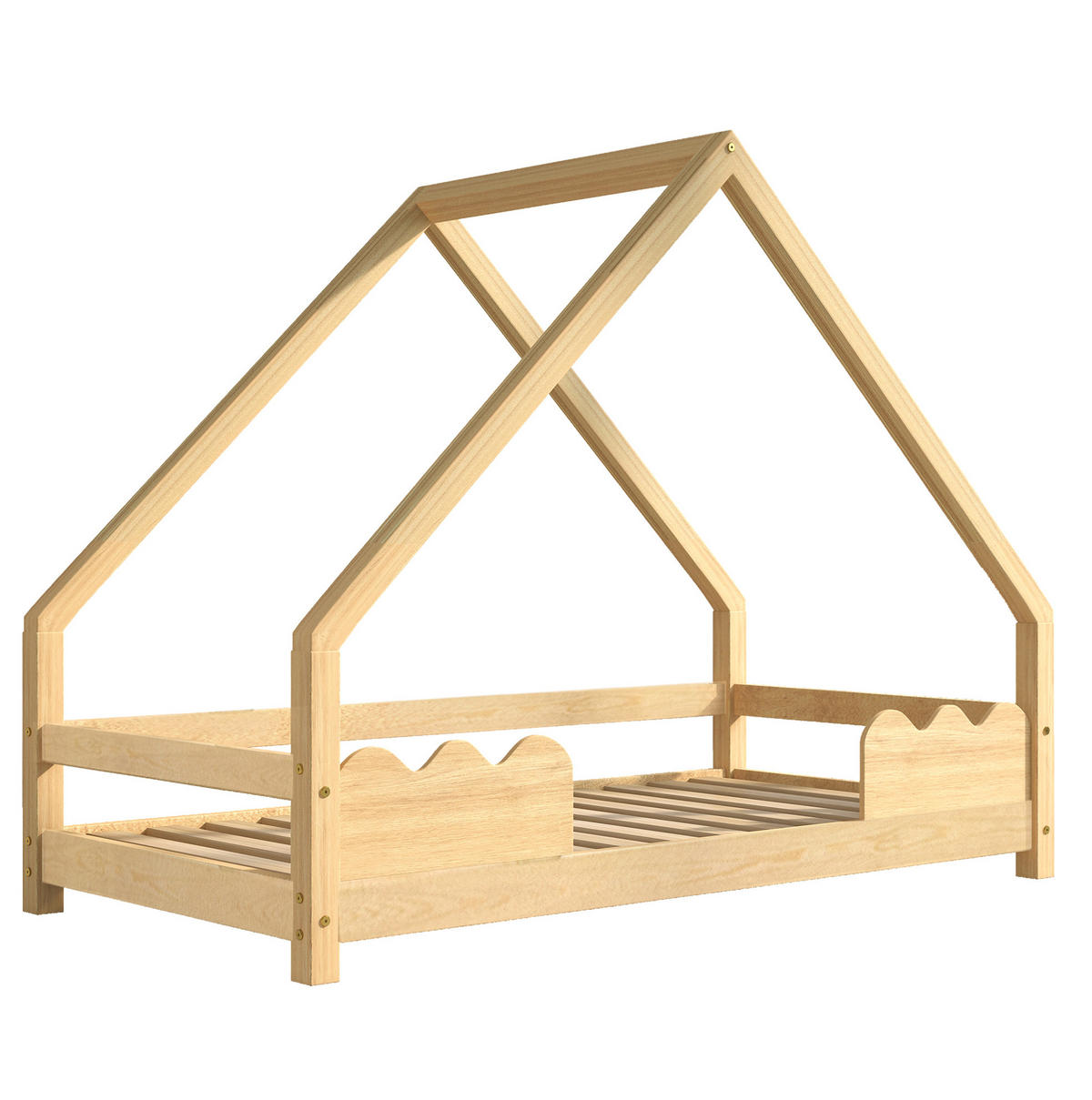 POSTELJA v obliki hiše 90/200 cm naravna z zaščito pred padcem iz masivnega borovega lesa - naravne barve, les (90/200cm) - OKWISH