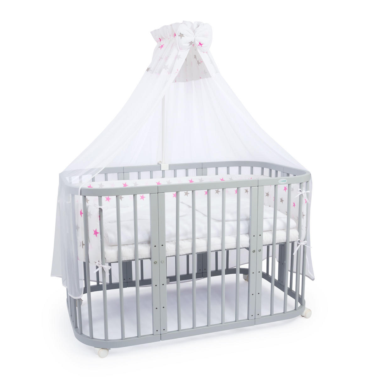 BABYBETT GREY, 7in1 mit Matratze - Pink/Grau, Holz (73/123cm) - waldin