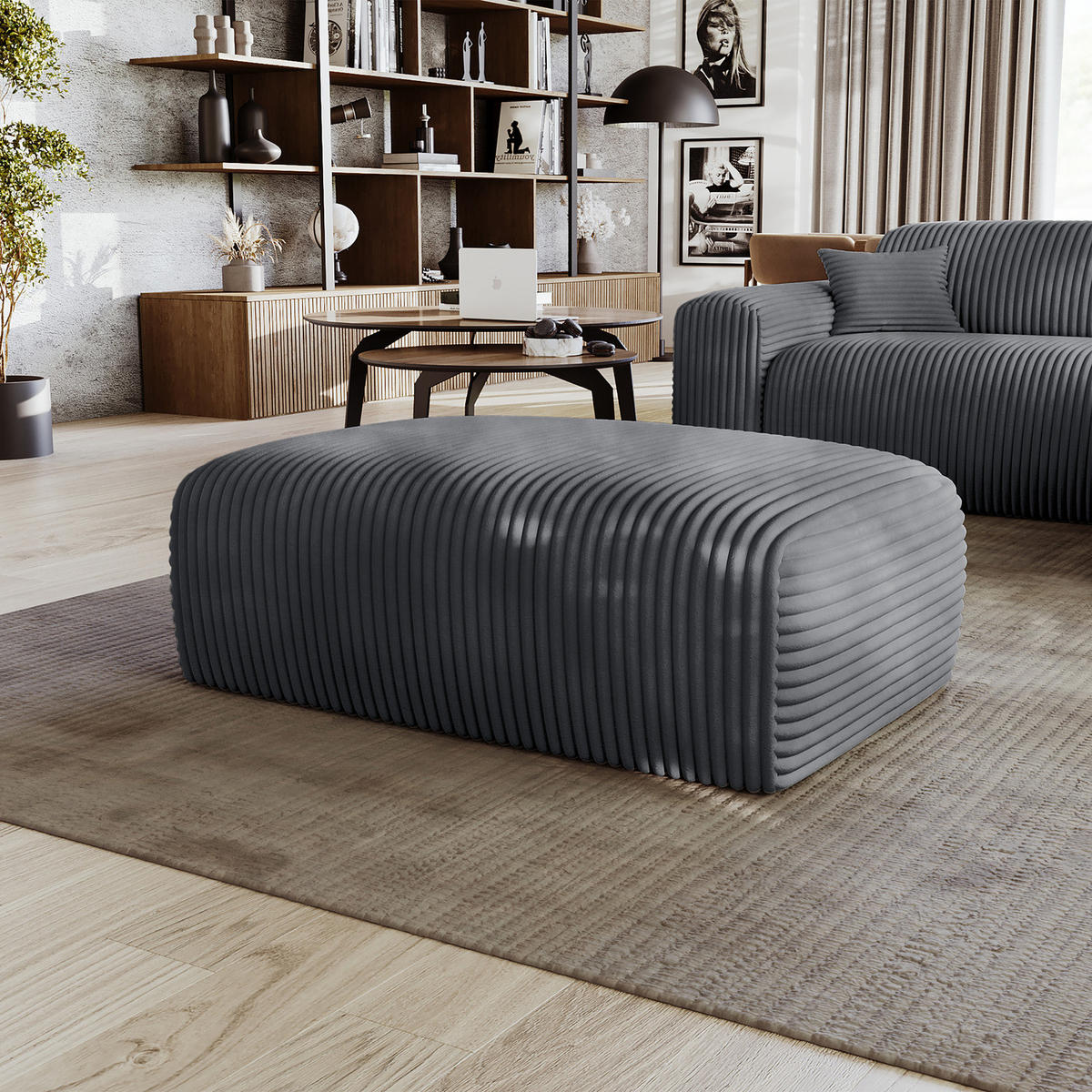 POLSTERHOCKER - Cord - Blau/Schwarz, Kunststoff/Textil (110/40/72cm) - home24
